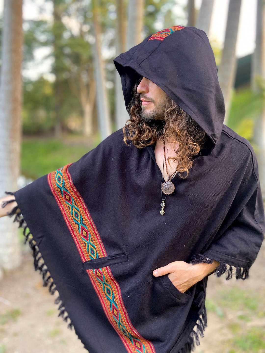 UPEKKHA Hooded Poncho with Hood Black Handwoven Pockets Wool Cashmere Tibetan Winter Zen Embroidery Boho Primitive Mexican
