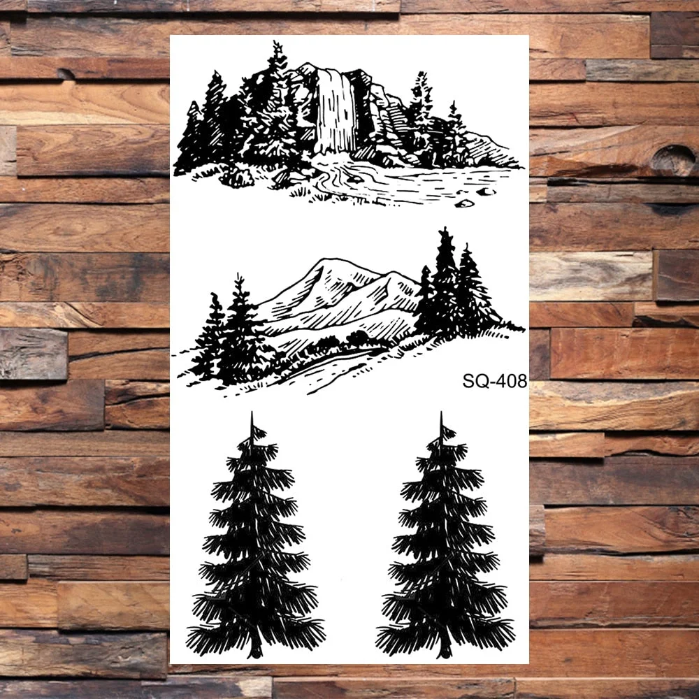 Small Forest Pine Tree Temporary Tattoos For Women Men Realistic Whale Mountain Sea Wave Fake Tattoo Sticker Arm Body Tatoos