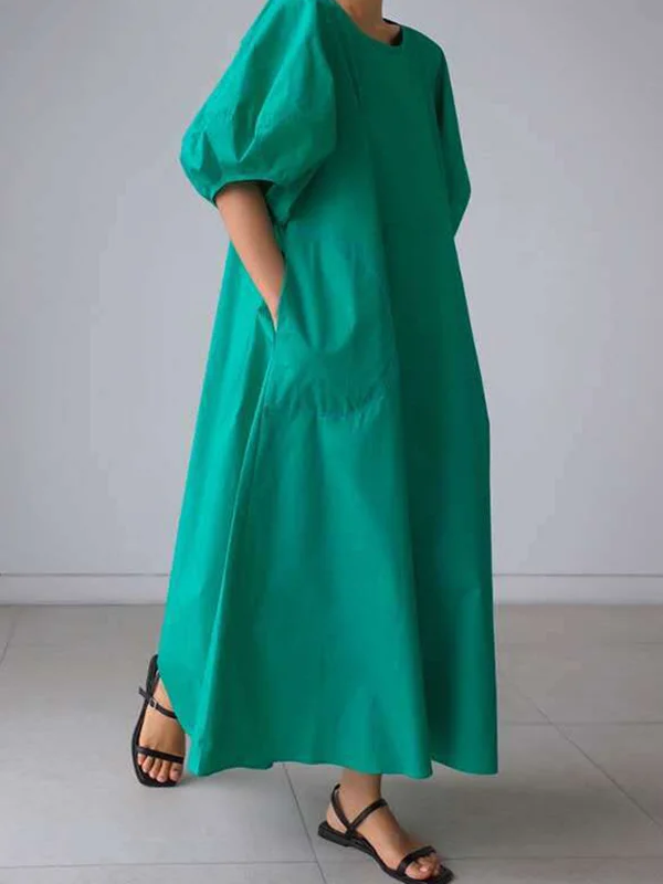 Regal Reverie: Bishop Sleeve Solid Color Midi Dress