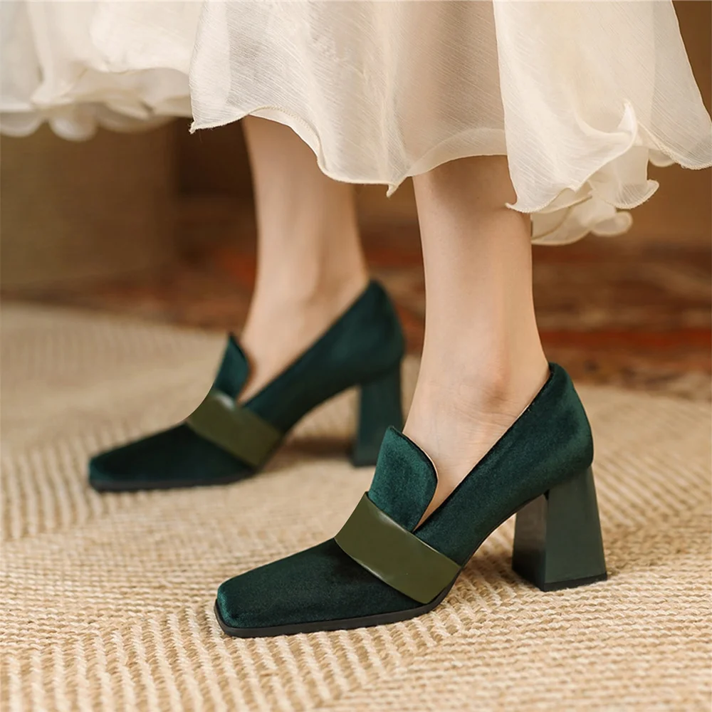 Black Suede Closed Square Toe Loafers With Chunky Heels Nicepairs