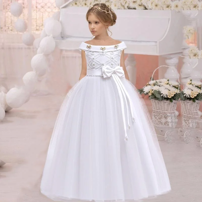2021 Summer  White One Shoulder Long Bridesmaid Dress Girl Bow Gown Kids Dresses For Girls Children Princess Party Wedding Dress