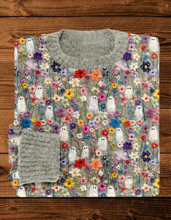 VChics Embroidery and Felted Ghosts Art Cozy Knit Sweater