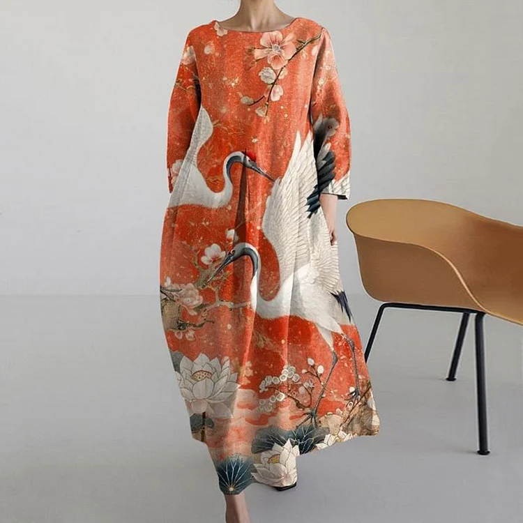 Comstylish Japanese Art Crane Print Round Neck Casual Midi Dress
