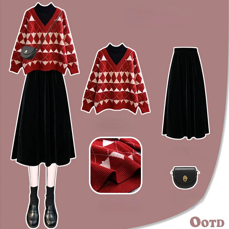 Lory Fake Two Pieces Winter Plaid Sweater and Skirt Set SP18725