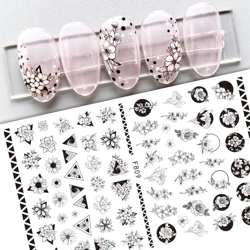 1pcs Black White 3D Nail Art Stickers Sliders Flowers Mandala Leaf Geometry Adhesive Nail Decals Foil Design Manicure-Nail Inspo