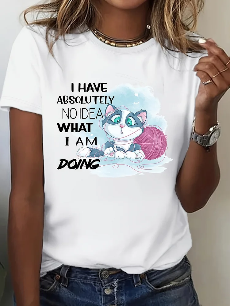 Women's I Have Absolutely No Idea Funny Cat Graphic T-Shirt – Soft, Breathable, Short Sleeve, Round Neck, White Casual Top For Year-Round Wear, Everyday Comfort Playful Design Breathable Materia