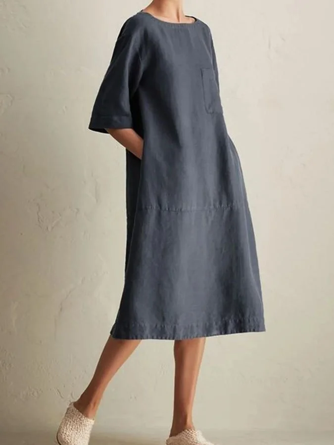 Solid Color Round Neck Pocket Half Sleeve Casual Dress