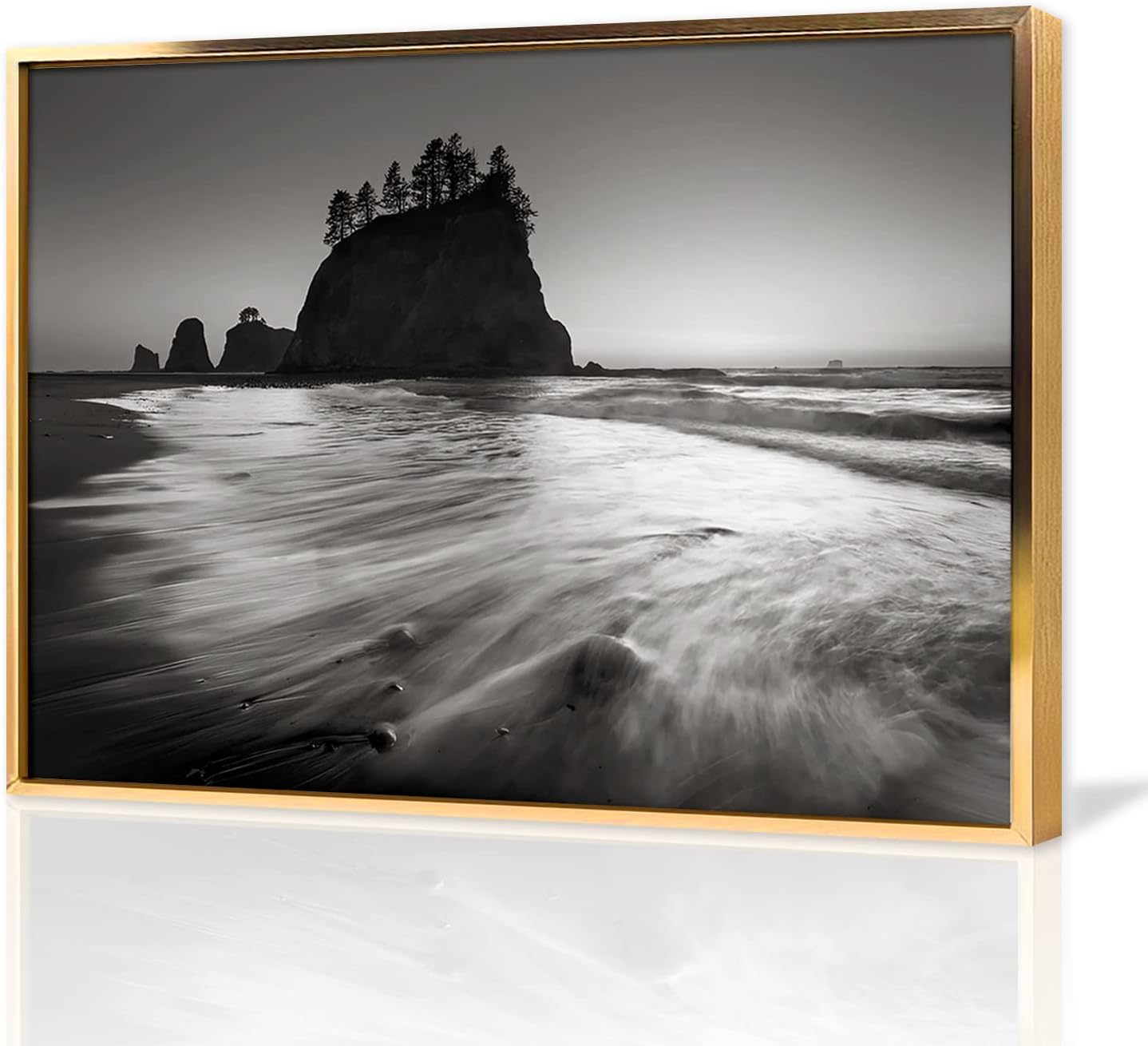Black And White Beach And Mountain Canvas Painting Modern Abstract Wall Art Landscape Posters and Prints Wall Decor Large Gold Aluminum Frame Wall Artwork Home Decor Office Kitchen Wall Decoration for Home Classroom Office Living Room Boy's Bedroom 28x42i