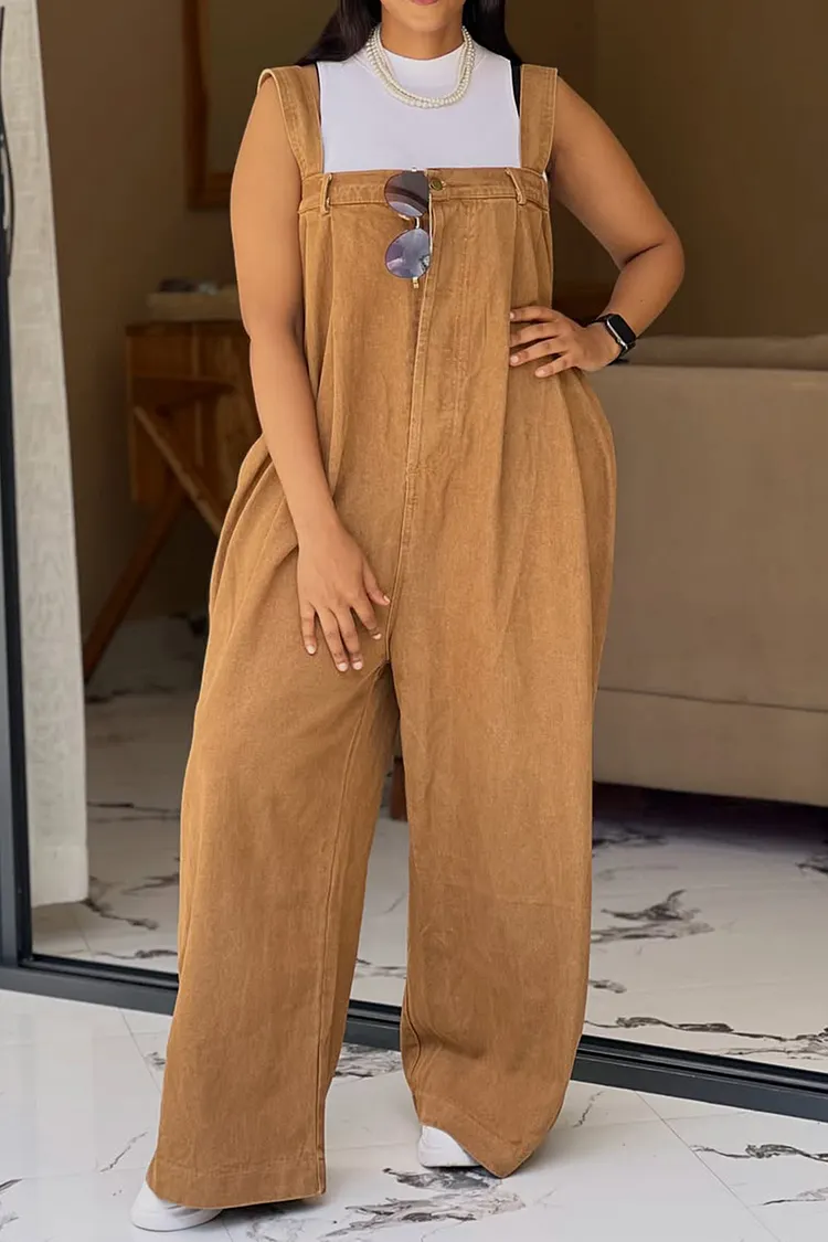 Plus Size Vacation Camel Square Neck Pocket Denim Jumpsuits [Pre-Order] 2024 - Xpluswear