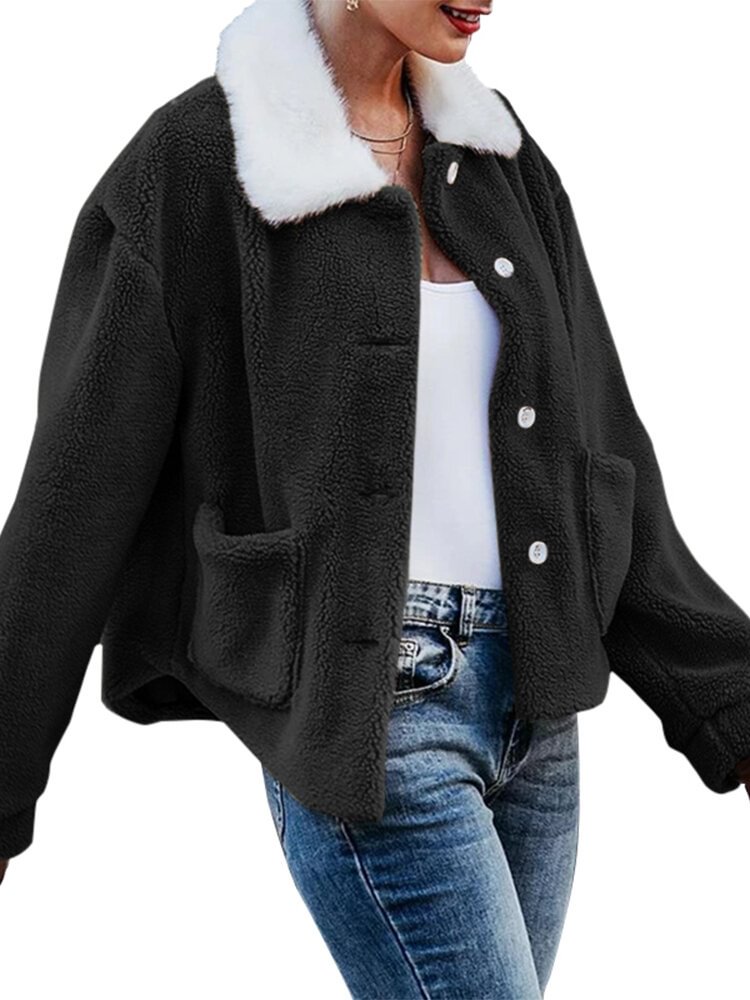 Women Turn Down Collar Long Sleeves Warm Coat With Side Pockets