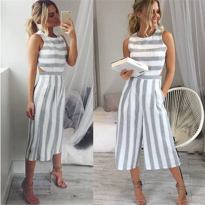 2018 Women's Sleeveless Striped Jumpsuit Casual Loose Trousers Fashionable Leotard Catsuit Combinaison Wide Leg Pants