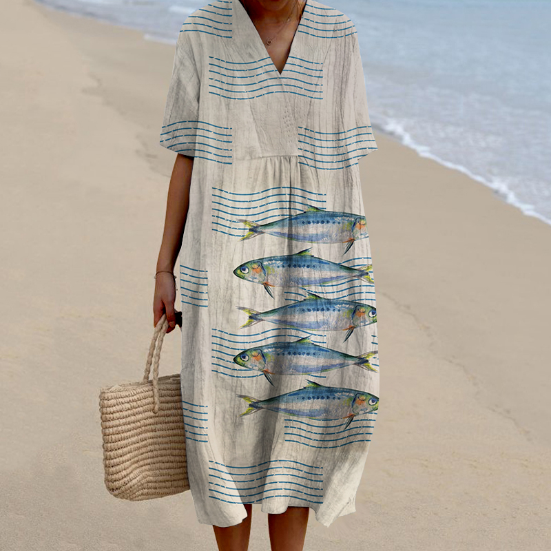 Vintage Sardines Fish Art Pattern Printed Women's Flowy Dress wearshes