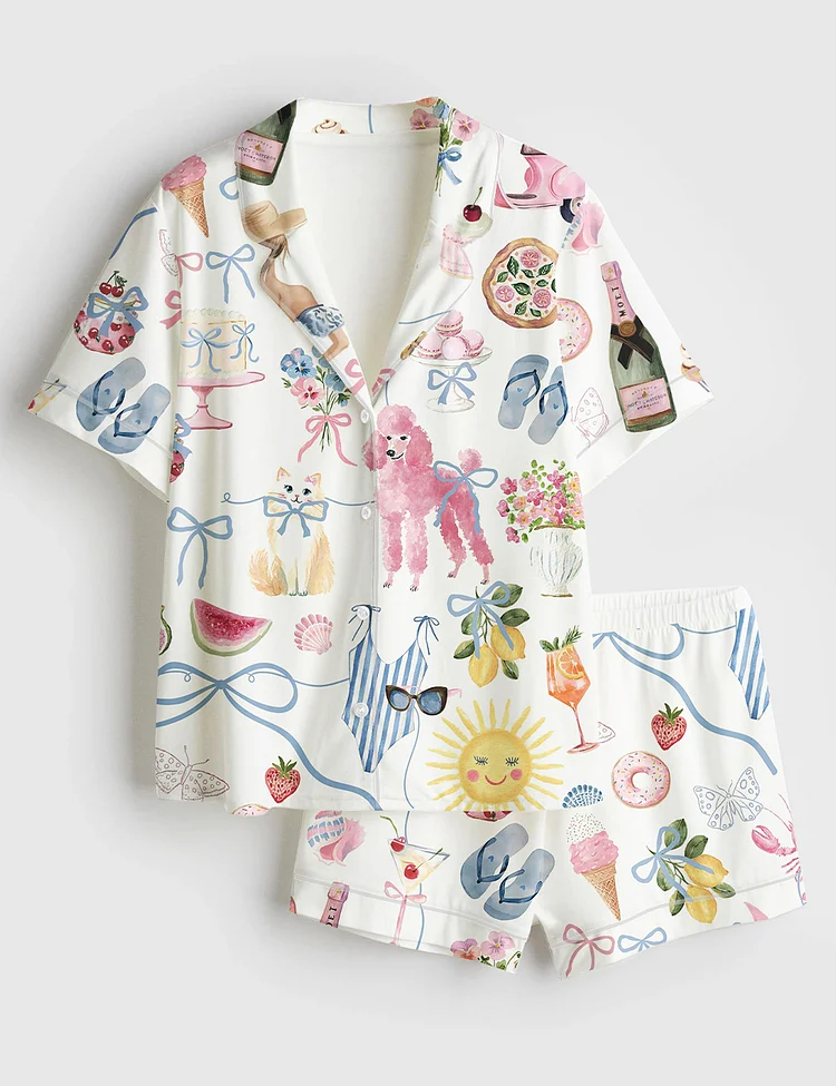 Women&rsquo;s Whimsical Wedding Dolce Vita Wedding Coquette Mediterranean Aperol Beach Travel Dog Champagne Beach Short Sleeve Satin Pajama Set