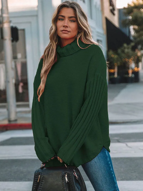 Loose Long Sleeves Solid Color High-Neck With Pockets Sweater Tops
