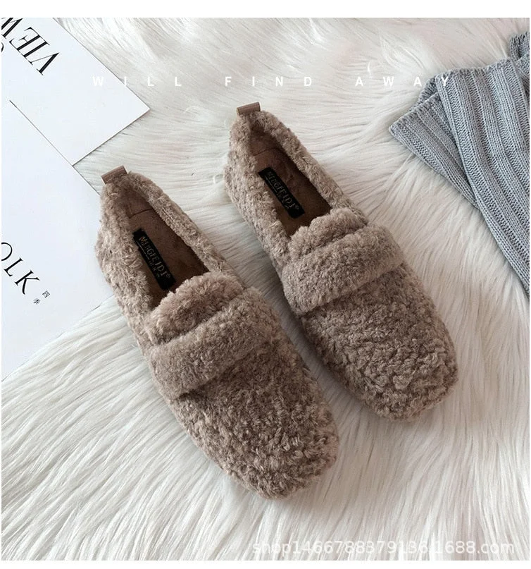 Lambs fur cotton shoes women solid color slip on loafers winter square toe moccasins wool fur flats comfy ballet shoes plus size