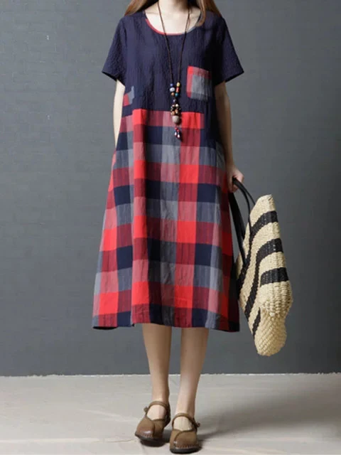 Women Shift Cotton Short Sleeve Checkered/Plaid Dress