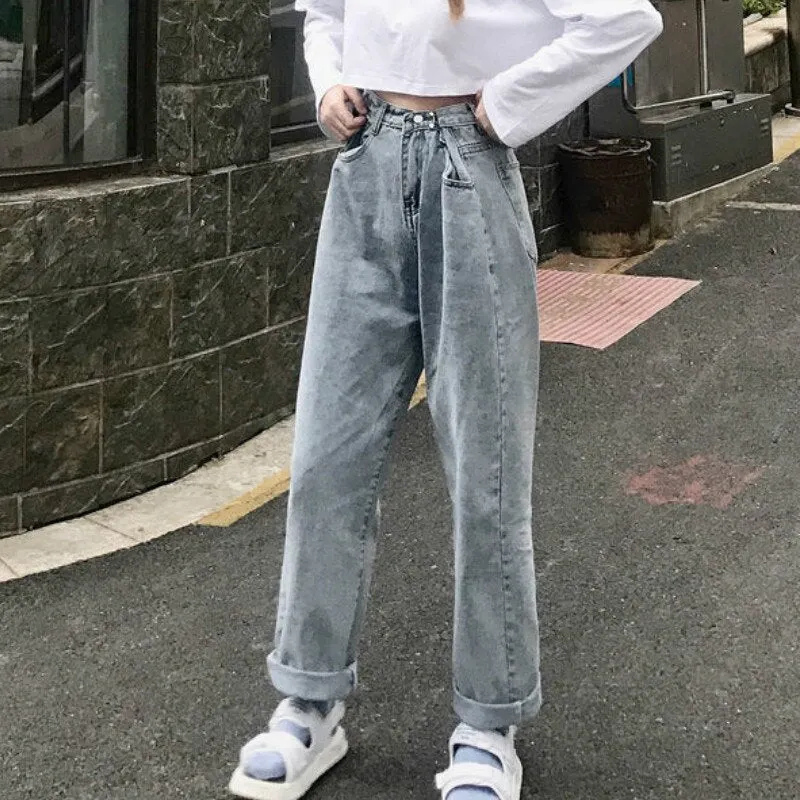 Jeans Women Loose Korean Style High Waisted Harajuku Ladies Wide Leg Denim Trousers Full-length Fashion Streetwear All-match