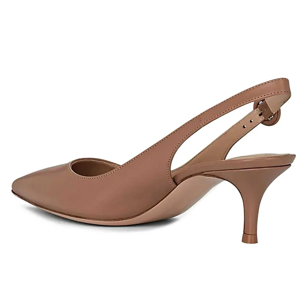 Brown Closed Pointed Toe Buckle Slingback Pumps with Kitten Heel