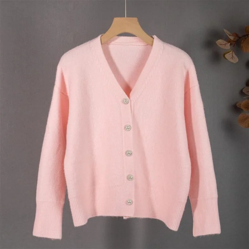 Yitimoky Cardigan Women Sweater  Fall Korean Fashion Blue V-Neck Knitted Lady Clothes Solid Casual Pink Warm Loose Coat New