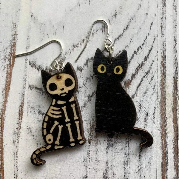 🎃Halloween Sale🎃 Adorable Black Cat / Skeleton Cat Wood Dangle Earrings