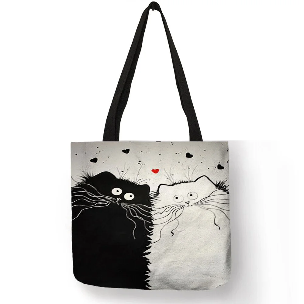 Simple Style Women Handbag Cartoon Cute Black Cat Prints Shoulder Bag Eco Linen Practical Useful Shopping Work Lady Tote Bags