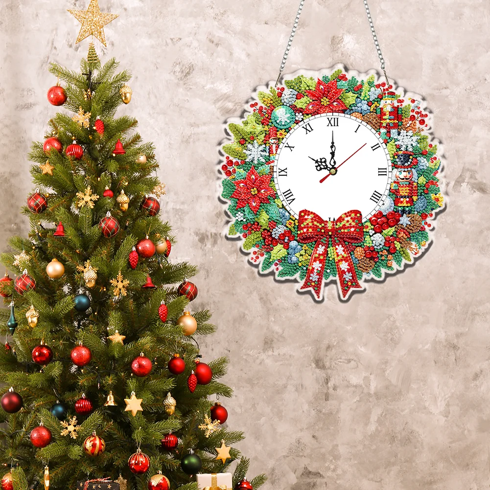 2D Flat DIY Christmas Wreath Acrylic Diamond Painting Clock Pendant Home Decor