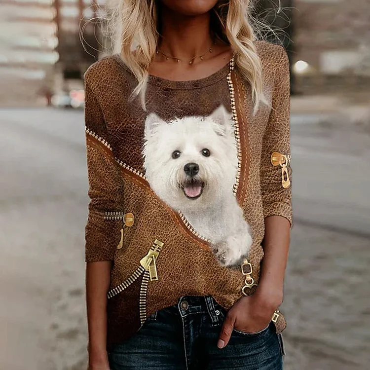 Dog Print Color Block Round Neck Long Sleeve T-Shirt
