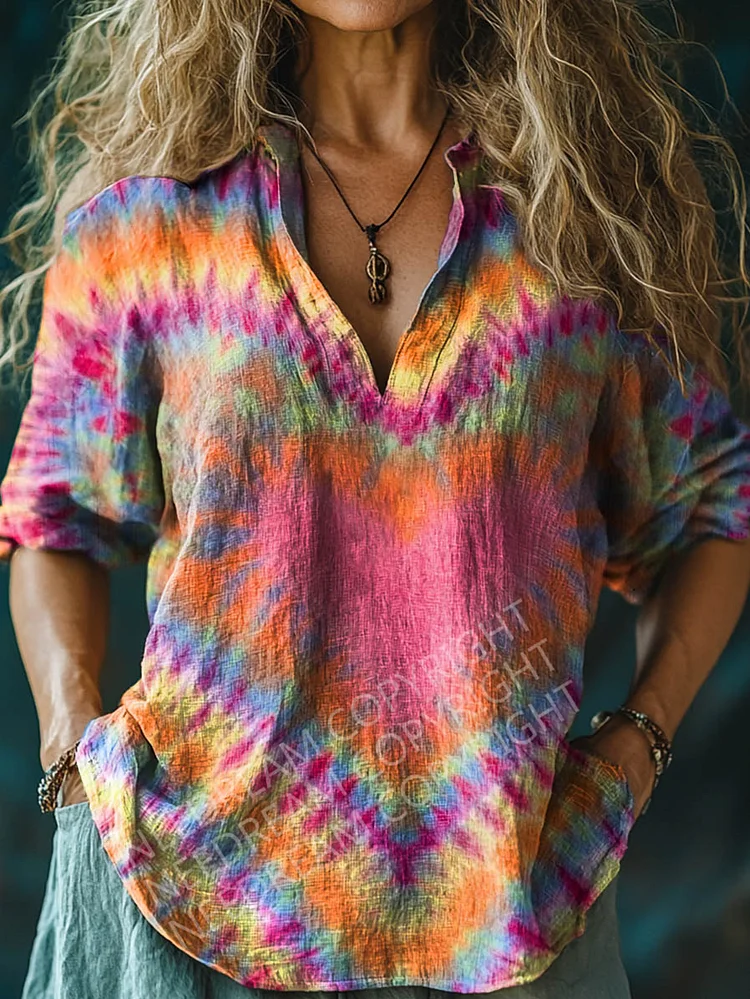 Womens Artistic Tie-Dye Pattern Long Sleeve Comfortable Cotton And Linen Shirt