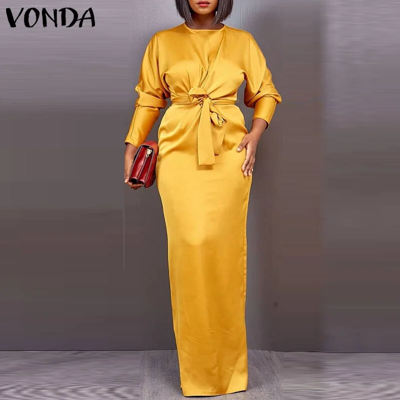 Satin Silk Dress Ladies Round Neck Long Sleeve Pleated Tunic Dresses VONDA Women Loose Solid Vestido Satin Robes Longue Oversize