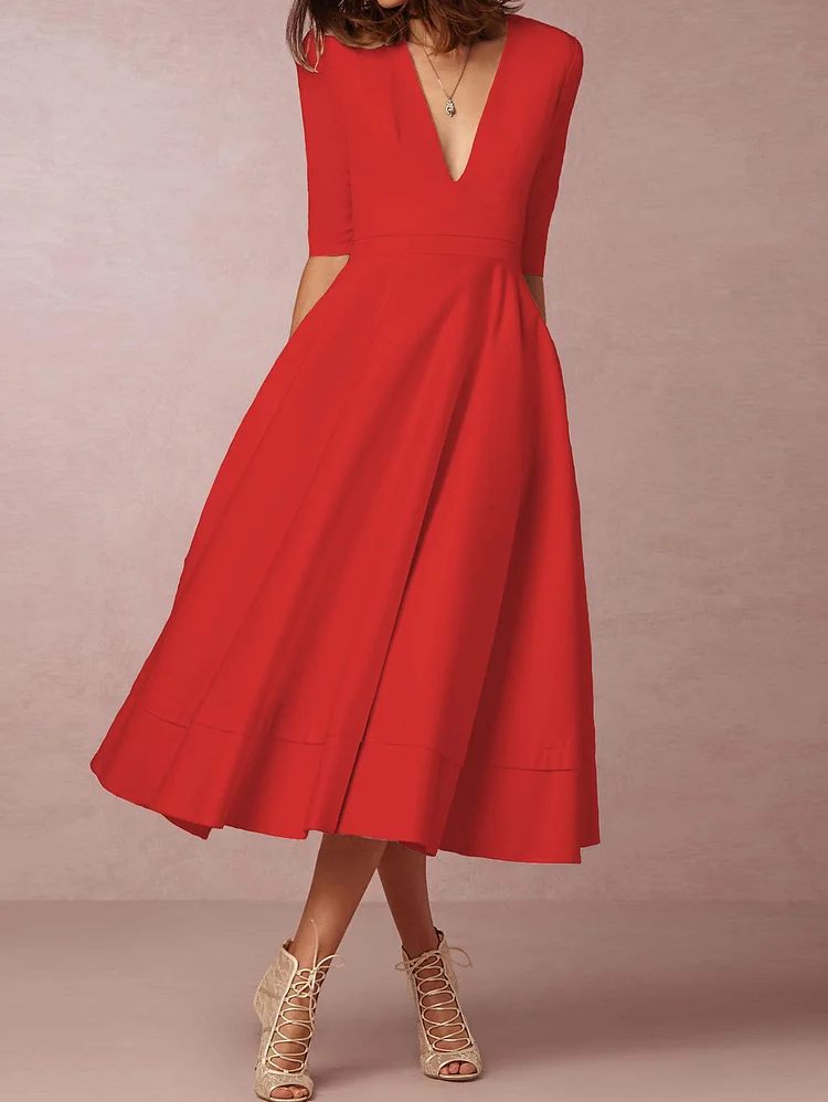 Elegant Solid V Neck Half Sleeve A-Line Midi Dress