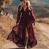 Women's Vintage Bohemian Elegance In A Wine Red Lace Maxi Dress by Inlyline