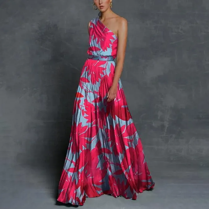 Glamorous Print Sleeveless One Shoulder Maxi Dress-vocosishoes