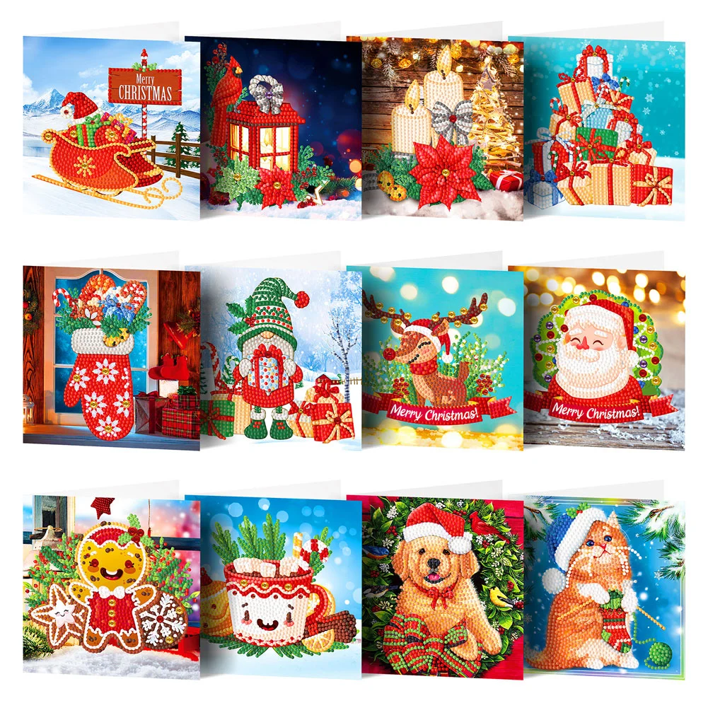12pcs DIY Handmade Cards Diamond Painting Christmas Greeting Cards Holiday Party Cards