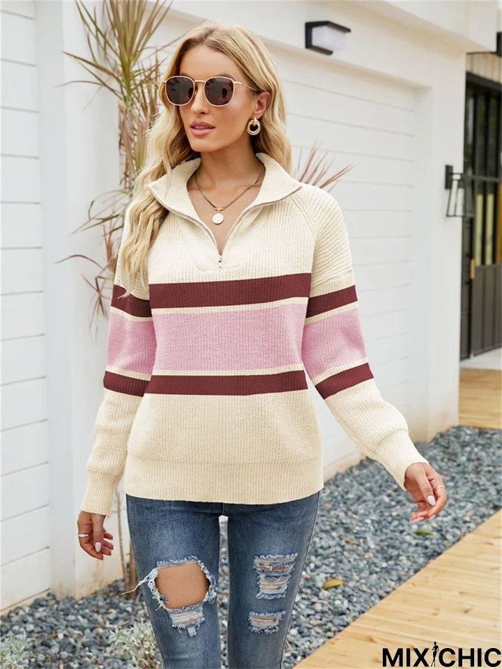 Fashion Striped Color Matching Knitted Long Sleeve Zipper Lapel Sweater