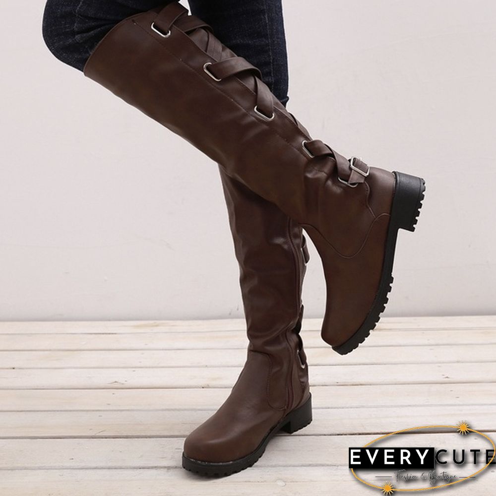 Women Winter Low Heel Belt Buckle Riding Leather Boots Knee High Cowboy Boots (Please Choose A Larger Size)