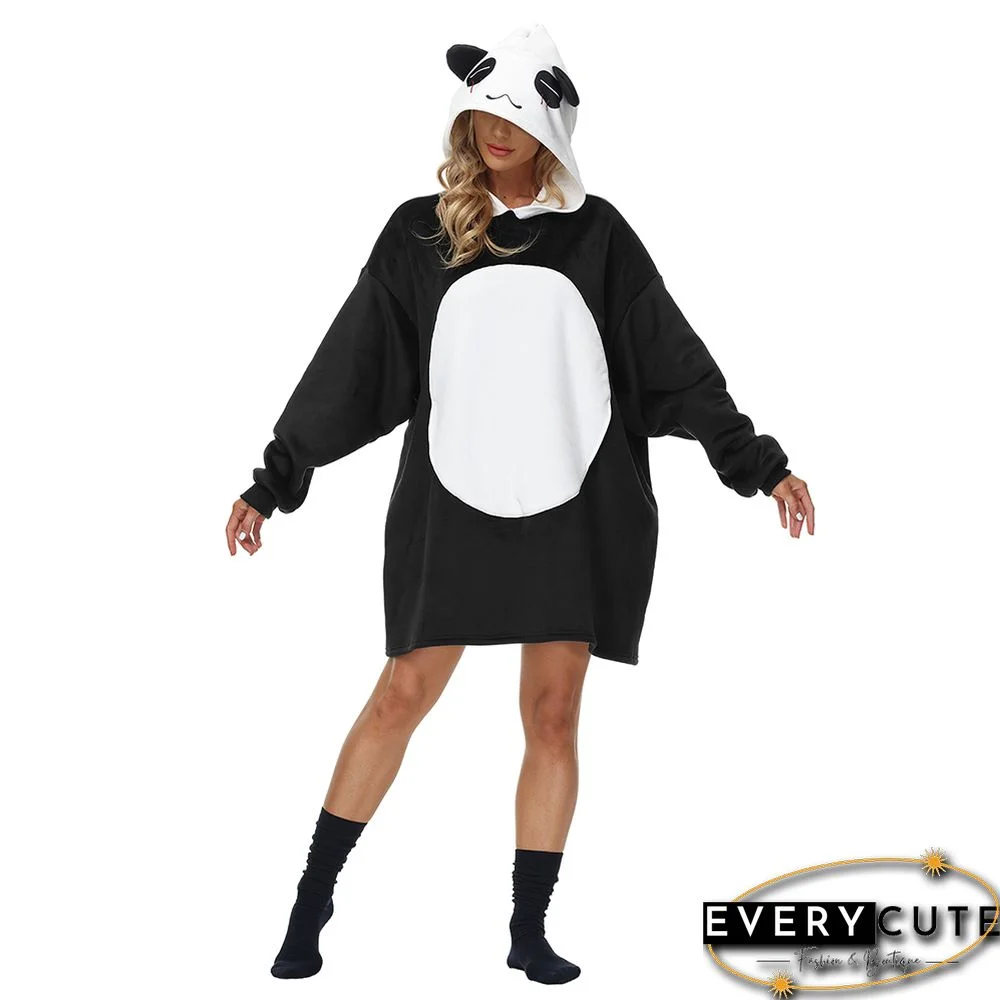 Black Panda Cartoon Print Blanket Hoodie