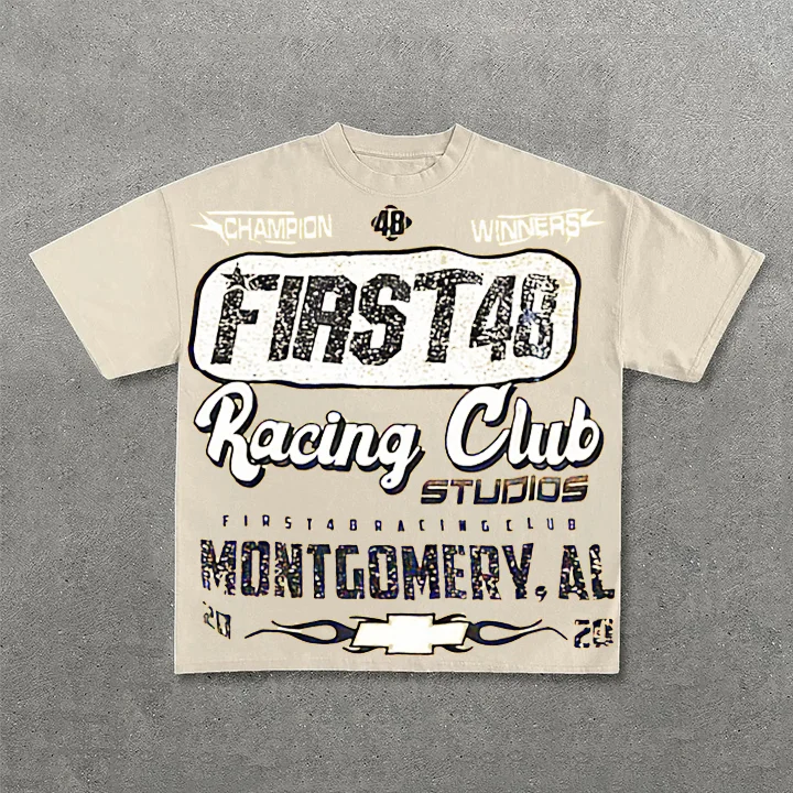 Vintage Street Contrast Letter Racing Graphic 100% Cotton Short Sleeve T-Shirt