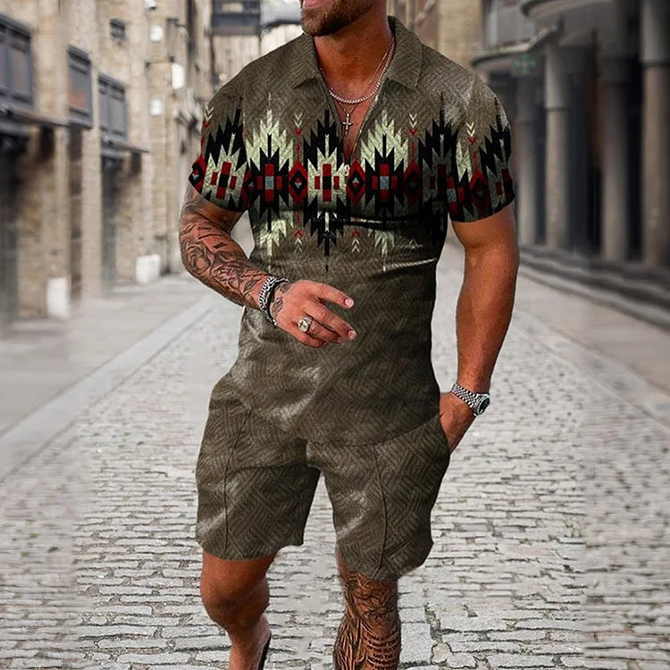 Broswear Men's Folk-Custom Brown Short Sleeve Polo Shirt And Shorts Co-Ord
