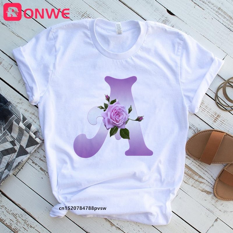 Women's Custom Name Rose Letter Combination Printing T-shirt Flower Letter Font A B C D E F G Short sleeve Tshirt,Drop Ship