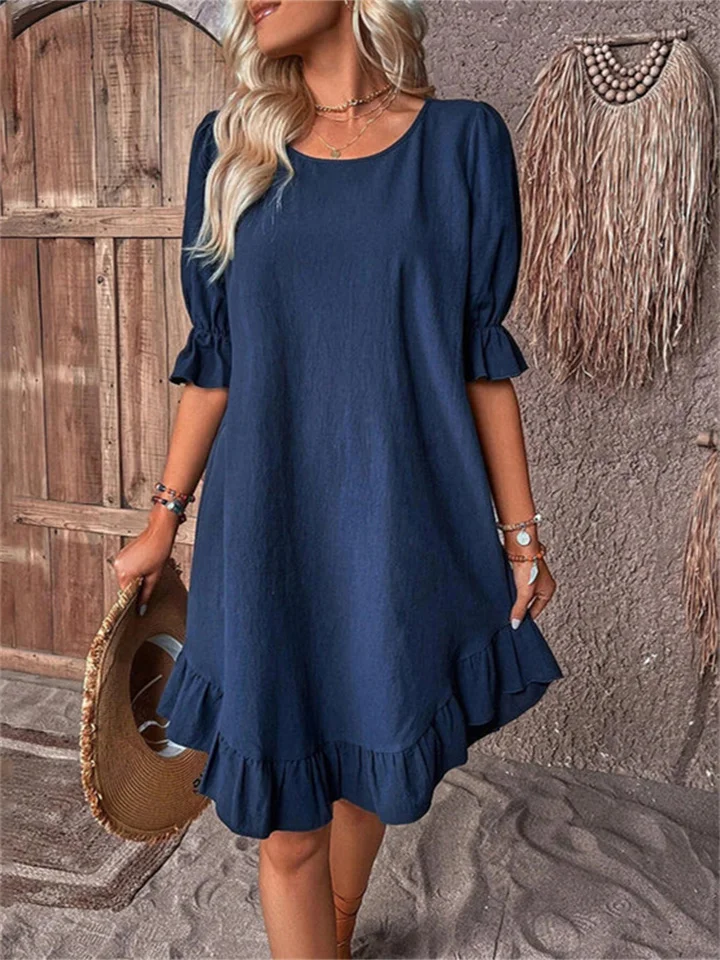 Europe and The United States Round Neck Casual Solid Color Princess Sleeves Loose Dresses for Women
