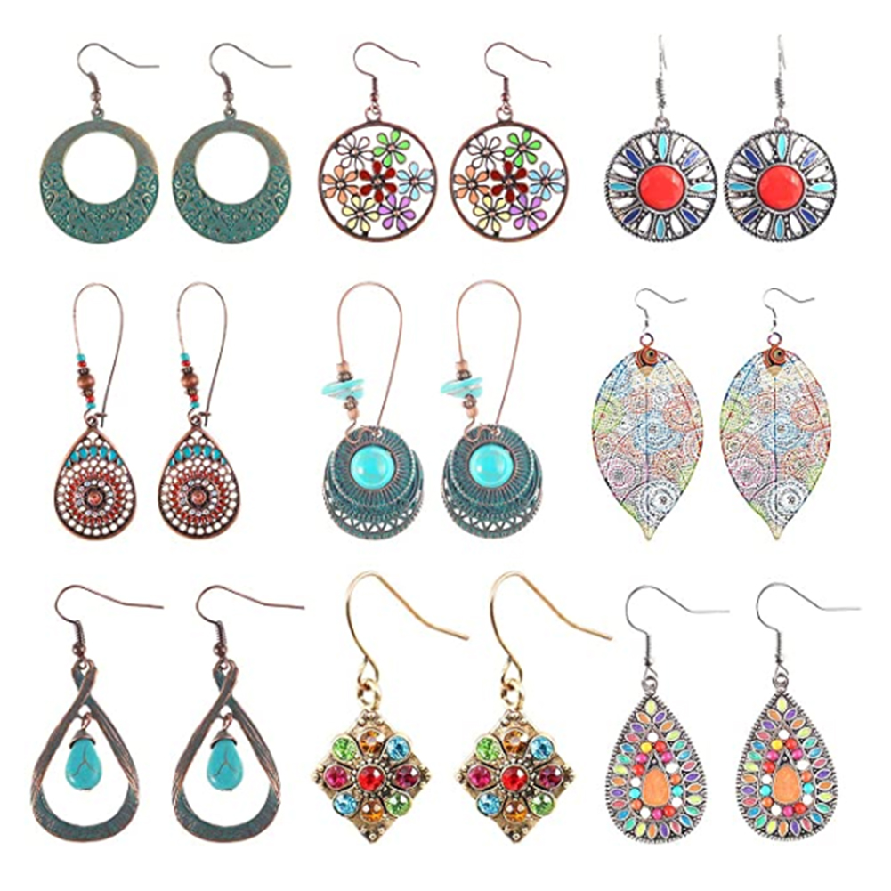 

9 Pairs Retro Boho Hook Earrings Ethnic Leaves Flowers Dangle Ear Jewelry, 501 Original