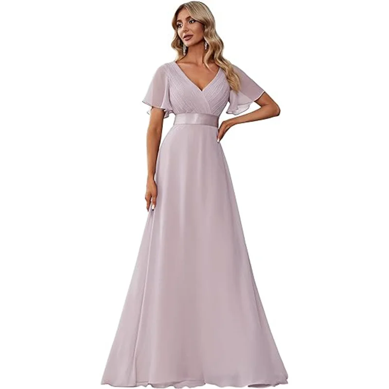 Uveng Uveng Sales Of Large Swing V-Neck Dress Chiffon Elastic Banquet Festival Annual Bridesmaid Performance Evening Dress Woman