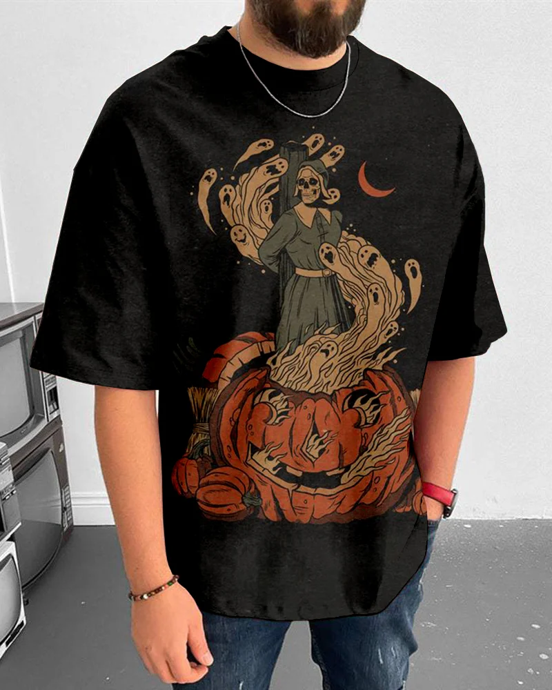 Suitmens Men's Halloween Nostalgic Spooky Pumpkin Short Sleeve T-Shirt 046