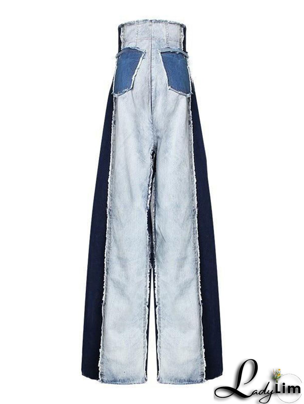 Casual Colorblock Patchwork Raw Trim Wide Leg Denim Jeans