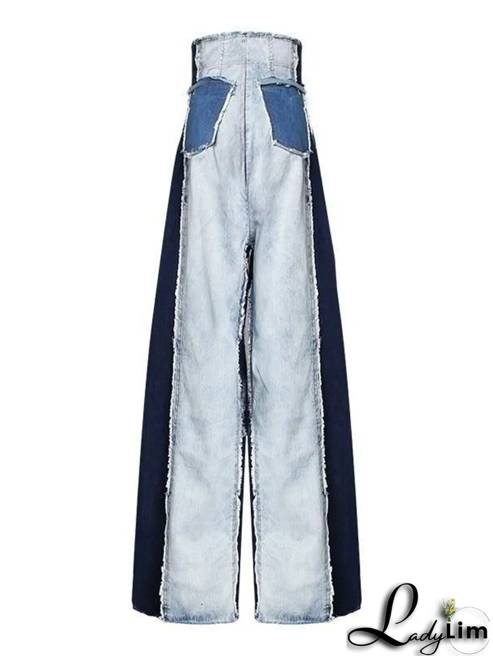 Casual Colorblock Patchwork Raw Trim Wide Leg Denim Jeans