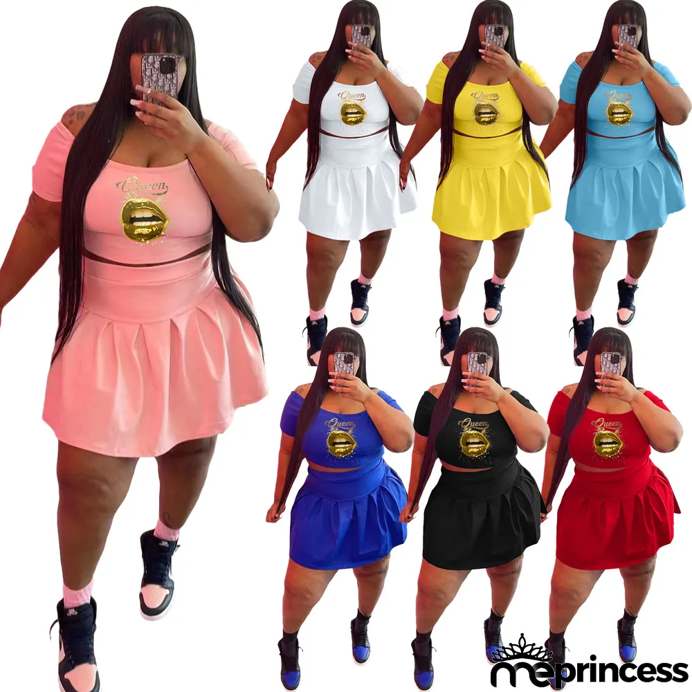 Fashion Plus Size Athleisure Pleated Skirt Two Piece Set