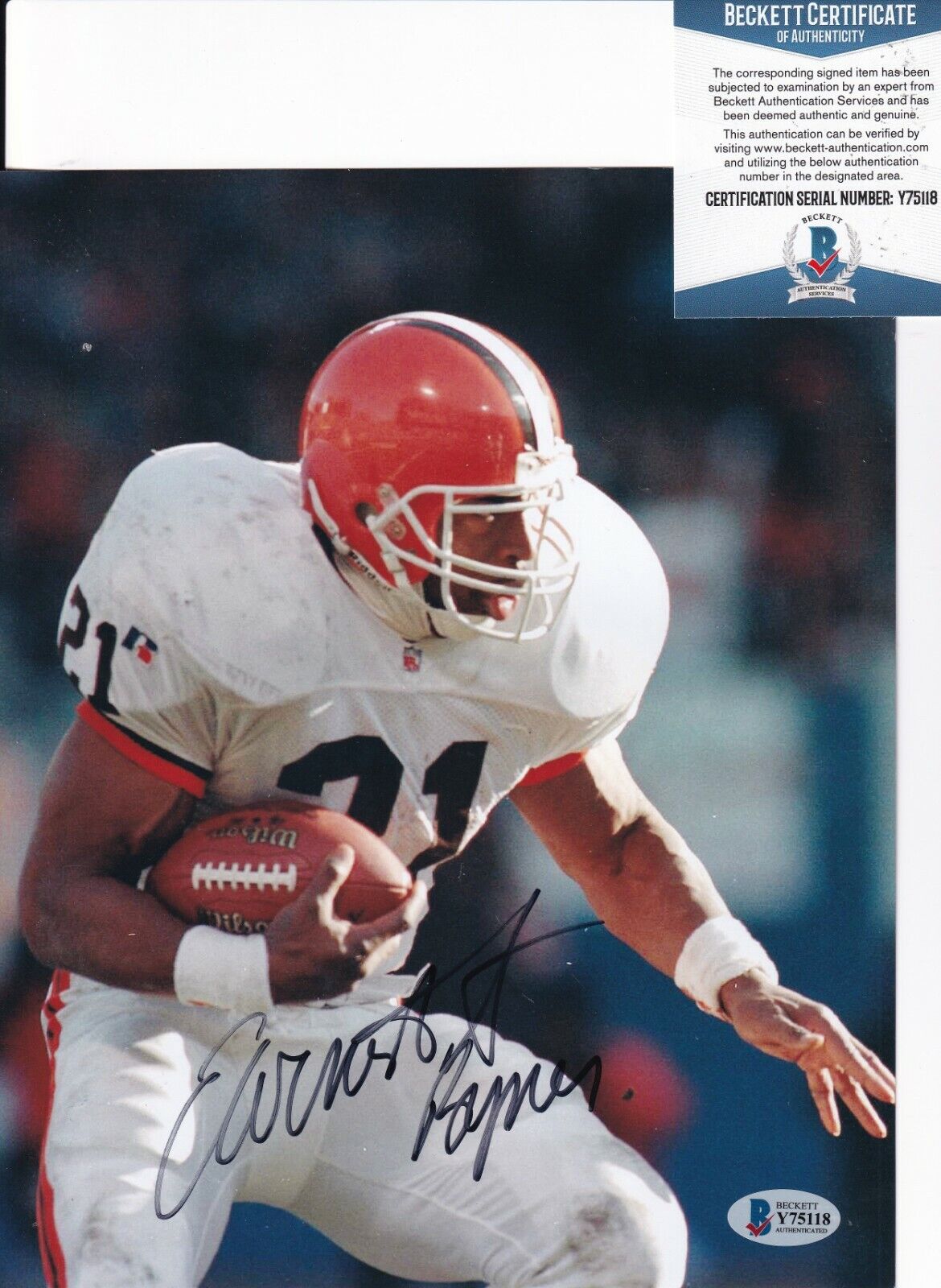 EARNEST BYNER signed (CLEVELAND BROWNS) football 8X10 BECKETT BAS Y75118