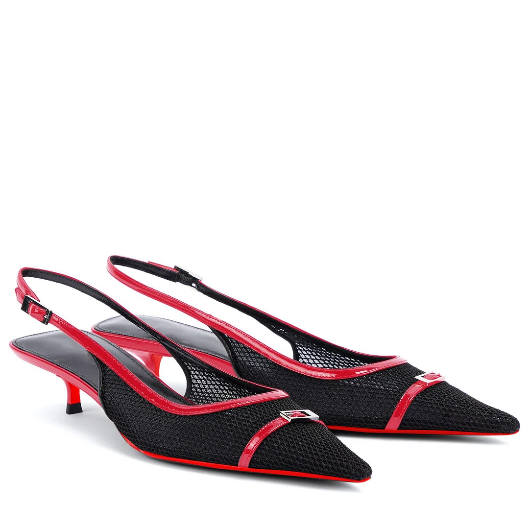 2.36" Women's Pointed Toe Red Bottom Sandals Slingback Shoes Kitten Heel Pumps Mesh Summer Shoes-MERUMOTE