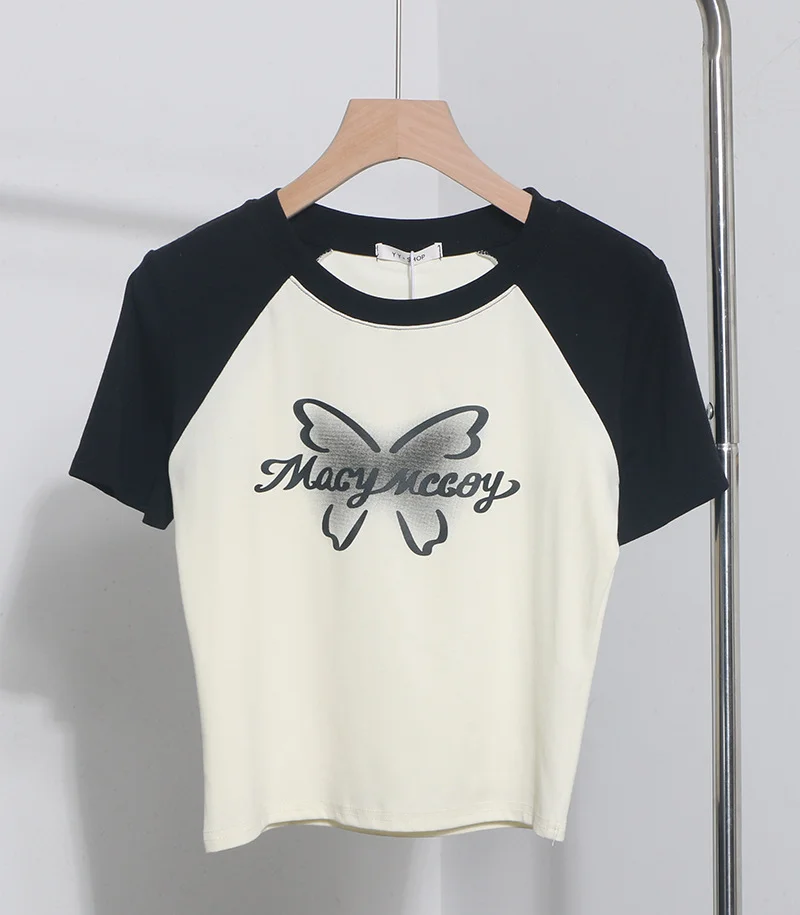 Uveng Retro Printed Short-Sleeved T-Shirt Women's Short-Coln High-Waisted Body Shirt 88899