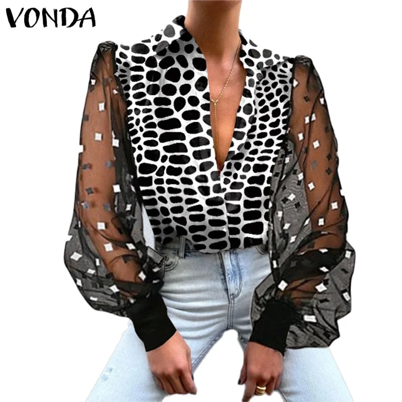 Printed Blouse Women Casual Long Sleeve Shirts 2022 VONDA Vintage Lapel Collar Casual Tops Beach Holiday Blouse Blusas Femininas